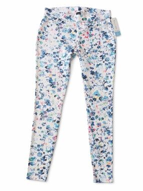 Utopia by Hue Girls 12-14 Floral Denim Leggings White Blue Stretch Pants NWT